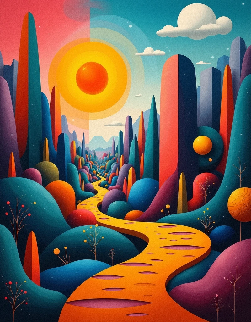 best quality, masterpiece, (A surreal scene that feels like a mix of Picasso and Paul Klee)、(landscape)、(chaos)、(beautiful)