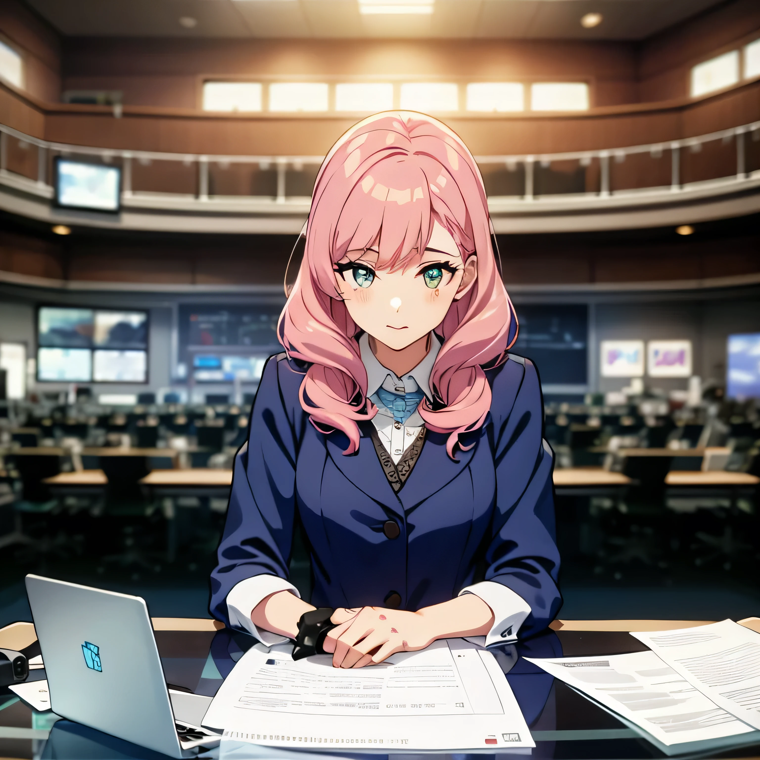 JS_News,leading news,in news studio,sits by the table,1girl,laptop on the table,papers on the table,jackets,pink hair,  