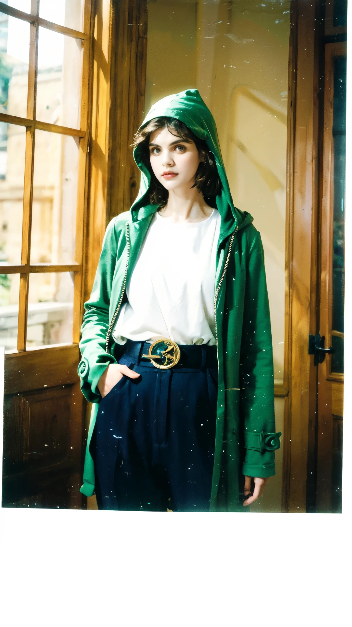 (masterpiece:1.2, best quality:1.2, extremely delicate:1.2), ((Alexandra Daddario:1.2)), a young women with short golden-blue hair, upward-flipped middle part bangs, handsome face, confident expression, golden eyes, she is hooded, a fantasy-style green-purple hooded coat, black undershirt, blue and white shoulder guards, wide cuffs, asymmetrical hem, a green belt buckle, dark blue trousers, her right hand resting behind his back and his left hand raised, stands before a majestic fantasy-style spatial porta, this character embodies a finely crafted fantasy-style sage, exquisite photography, Photo realism, photorealistic, goddess, pale skin, perfect skin, textured skin, detailed skin, porcelain skin, dramatic, high definition, highres, ultra-detailed, ultra-fine painting, professional, perfect body proportions, golden ratio, anatomically correct, symmetrical face, perfect eyes, extremely detailed eyes and face, high quality eyes, creativity, RAW photo, UHD, 32k, Natural light, cinematic lighting, (masterpiece-anatomy-perfect:1.2)