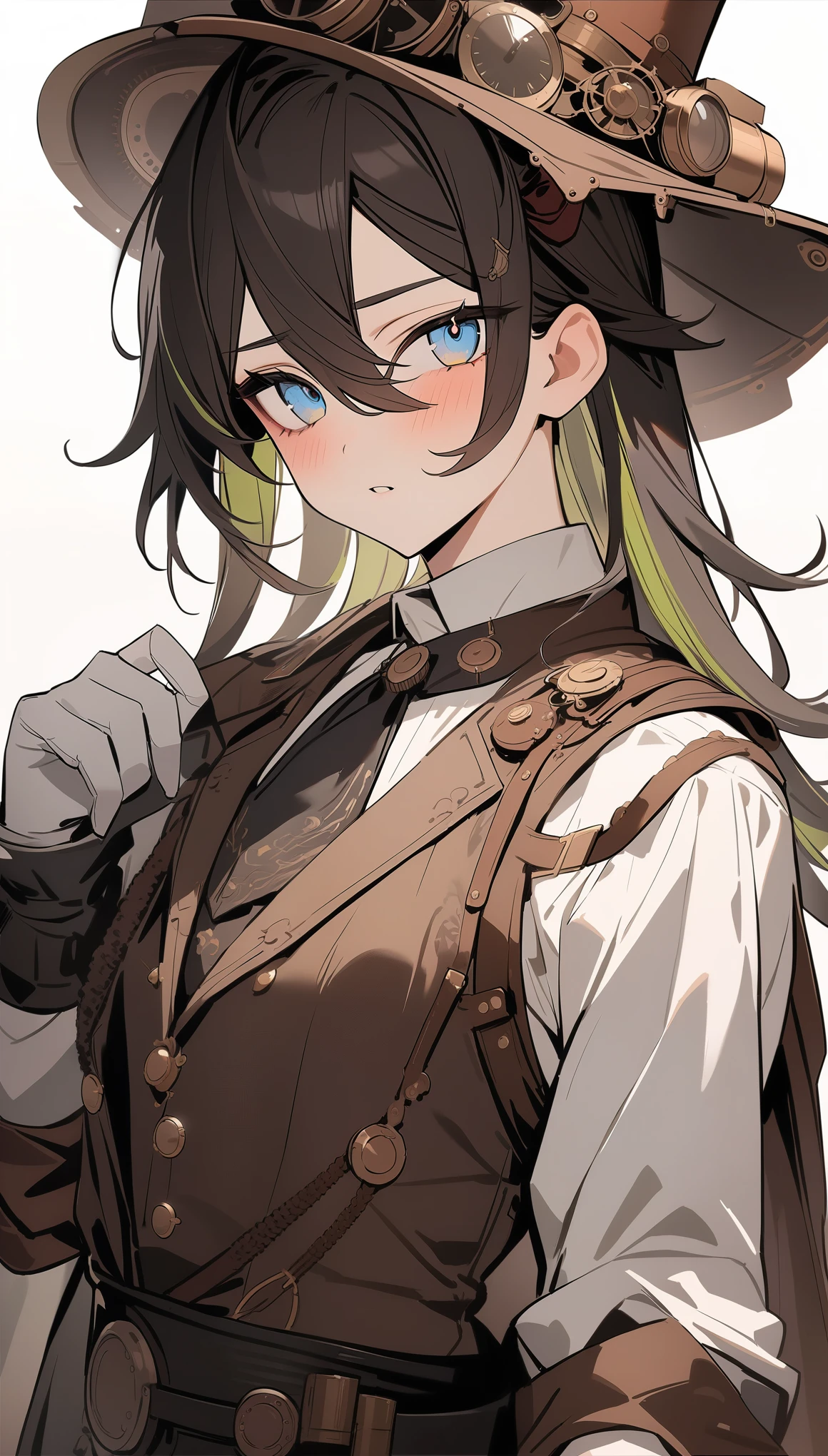 {{masterpiece}}, The best quality of life, 超High resolution, Attention to detail, high quality, High resolution, 最high quality, 4K, 8k,Attention to detail,、One person, uth、Multi-colored hair,((Perfect Eyes)) ,((White background))、(((Steampunk costumes))Cowboy Shot、Watching Me、Upper Body