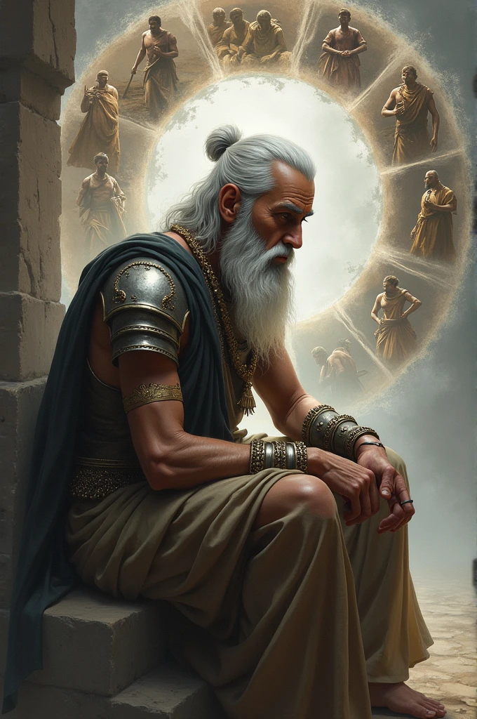 Bhishma's Legacy: A contemplative image of Bhishma, surrounded by scenes of the Mahabharata's key events, illustrating his lasting impact on the epic's narrative.