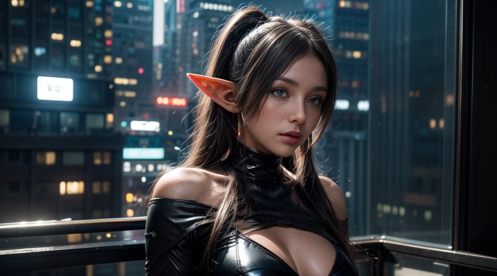 8K,best quality, masterpiece, Ultra-high resolution, (Reality:1.4), RAW photos, (Real skin texture:1.3), (Film Grain:1.3), (Selfie Angle),1 female elf,Beautiful and detailed eyes and face,Off-shoulder,Large Breasts,Postmodern Bodysuit,masterpiece, best quality,close up,Upper body shot, standing on top of the building,Cyberpunk Style Modern Metropolis,night,individual