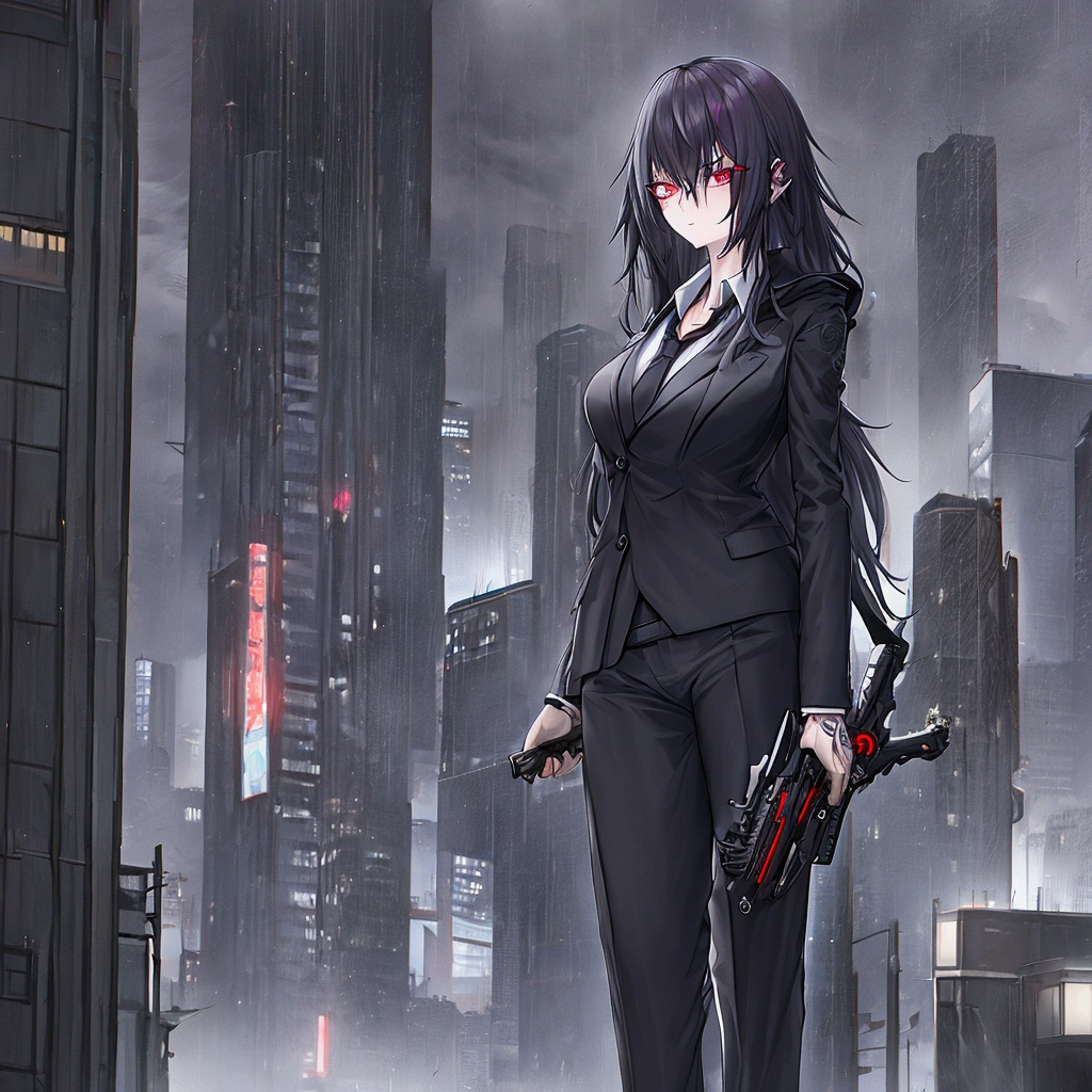 business suit outfit, tiny tattoo on the neck, anime style, impertinent glance, weapon in hand, black cloak, half body, dark rainy cyberpunk world
