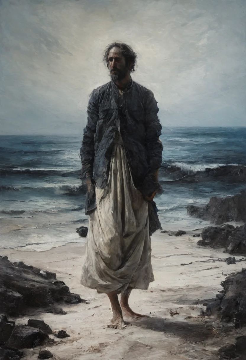 painting of a A man in rags stands on the shores of the azure sea, peace, a paradise picture, white sand, black stones, cinematic scene, volumetric lights, ultra realistic, in the style of nicola samori