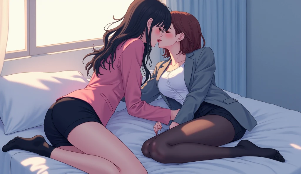 Two girls, long black hairs, yuri, lesbian.

The first girl wear a pink suit jacket, white shirt, black pencil skirt, black underpants, black tights, black socks.

The second girl wore a grey suit jacket, white shirt, black pencil skirt, black underpants, black tights, black socks.

french kiss, lesbian kiss, wetting kiss, sensual body, straddle, lying on the bed, insert one hand into black underpants, insert the finger into pussy, closed eyes, light blue bedroom, novel cartoon, 4K, HD