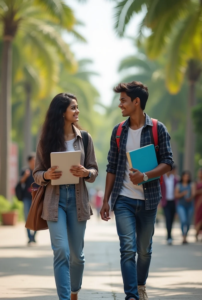 A indian college girl looking at indian college boy both 2, in college looking at each other while walking in campus. They are wearing formal shirt and jeans, holding books and laptop.