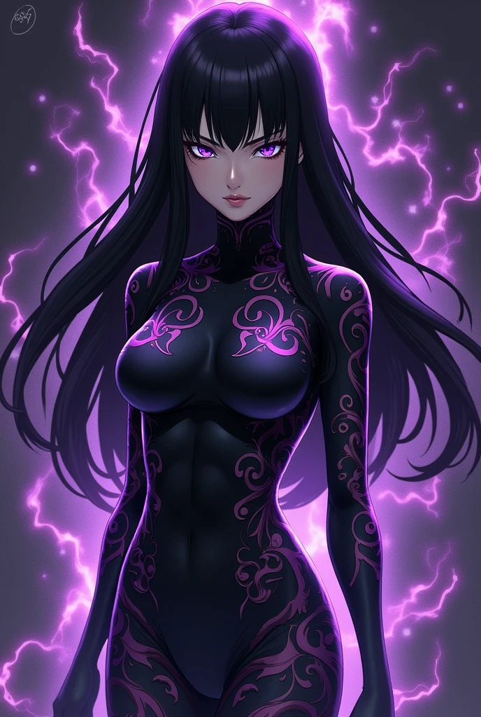 Heroic female character from My Hero Academia, surrounded by an aura of dark energy, long flowing straight black hair cascading down her back, straight bangs framing her face, piercing hazel eyes glowing with an otherworldly intensity. Her skin is deathly pale, a perfect canvas for the dark attire that hugs her physique, a black and dark purple, skin-tight suit adorned with intricate, swirling patterns that seem to shift and writhe like living shadows. The costume is a masterful blend of dark, muted tones, with subtle, velvety textures that invite the viewer's gaze. Her Quirk's presence is palpable, a manifestation of darkness and shadows that twist and flow around her like a living entity, infused with an air of mystical energy.