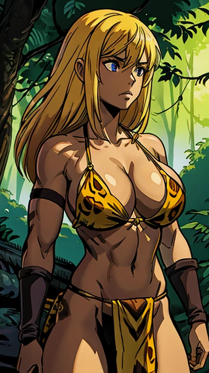 (1girl, shantsd2023, GarkEst), (extremely detailed CG unit 8k wallpaper),(master part), (best quality), (ultra detail), (best illustration),(melhor ombre), cowboy shot, (Sharp eyeliner, ombre, detailed eyes:1), dark jungle background,break , (ghibli style), upper body,loincloth, leopard print, blonde, toned, large breasts