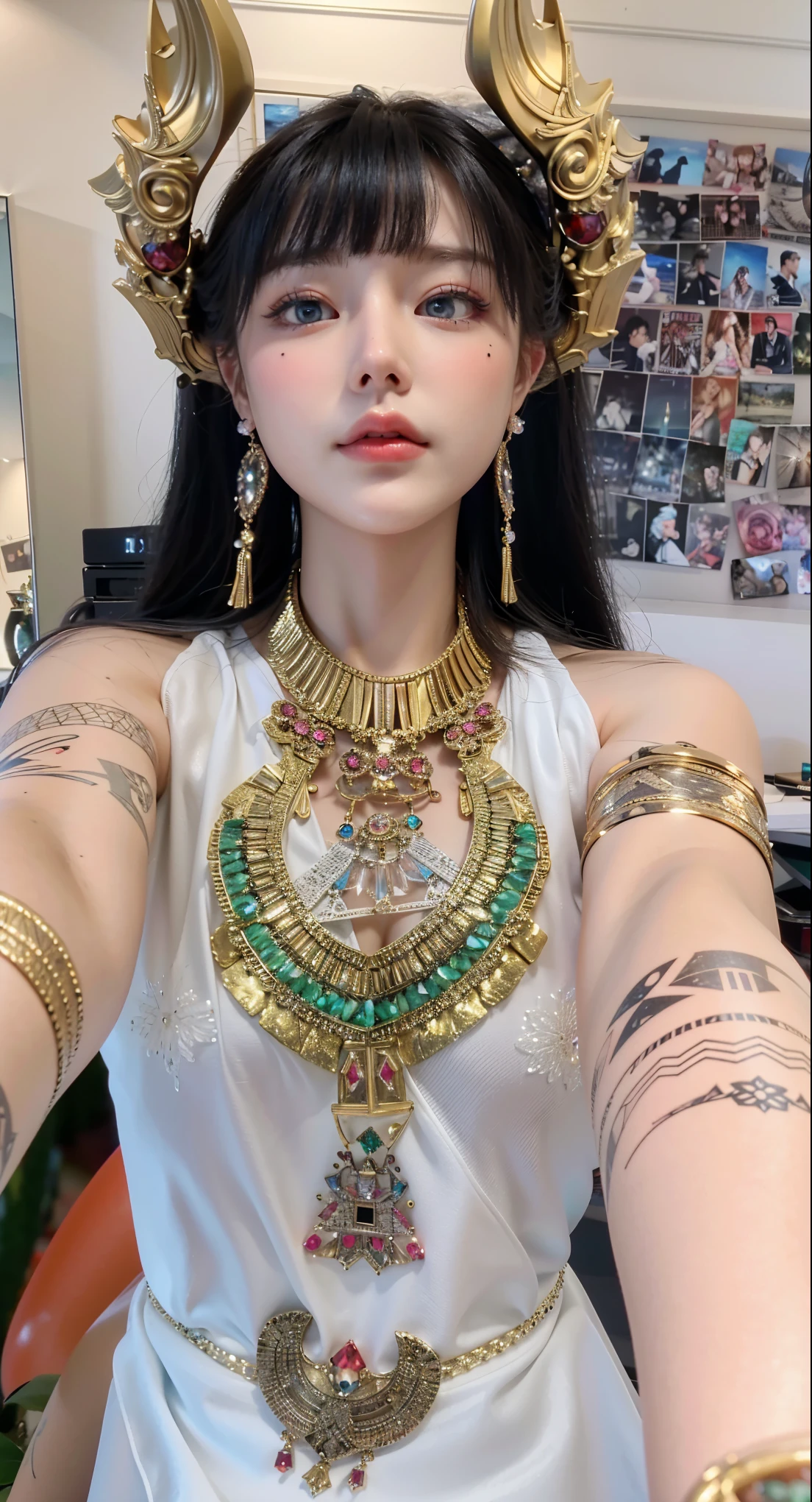 Game Art,Best image quality,Maximum resolution,8K,(A bust photo),(portrait),(Head close-up),(Rule of Thirds),Unreal Engine 5 rendering works,20 year old girl,((Queen)),The eyes are very detailed,(Large Breasts),Elegance and nobility,Light,Light线追踪,Game CG,((3D Unreal Engine)),OC rendering reflection mode,4K,Ultra-clear,Sensual,Translucent lace,Fair and plump figure,Pretty Face,Light泽凝胶涂层,身着华贵礼服的Queen,Crystal Gem Crown,Necklace jewelry,blue eyes,The tattoo is very three-dimensional,Gorgeous and intricate tattoo designs,Ultra-clear portrait,Sexy body,Temple Princess,Swarovski crystal diamond,Heart of the Universe Gem,Delicate facial makeup,The ultimate in luxury,Tattoos and armbands on hands
