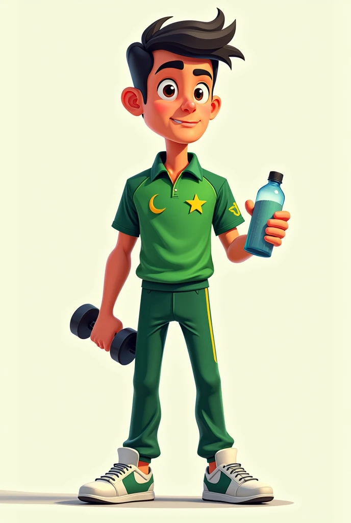 A animated character wearing Pakistan cricket jersey holding dumbdell on his left hand and on right hand holding water bottle 