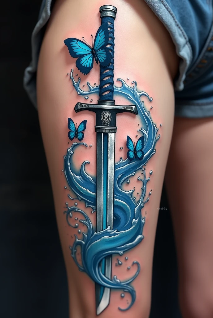 make me a tattoo of a Japanese anime demon Slayer katana with some water revolving around it and blue butterflies flying from the katana , for a girl's inner thigh 