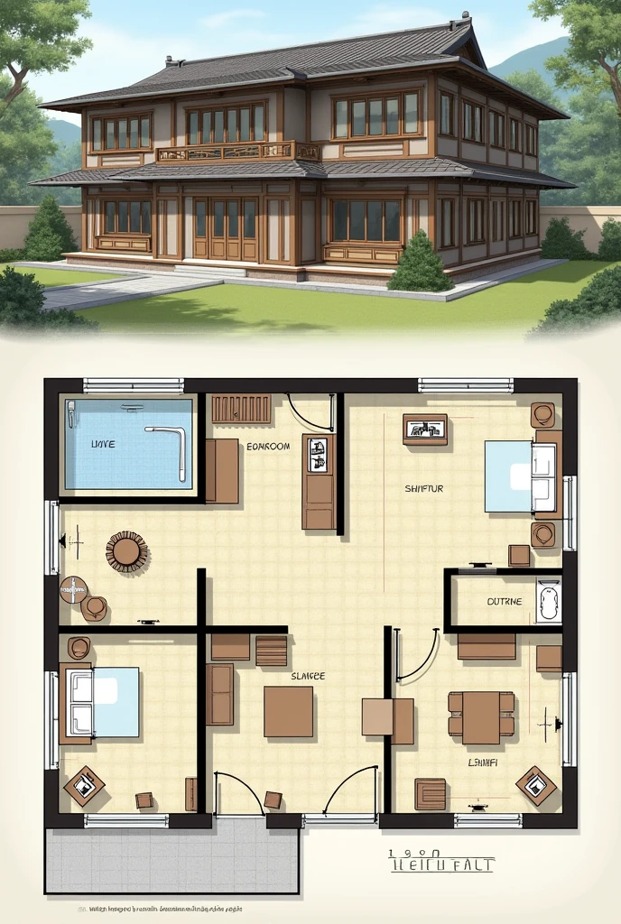 two storey building plan, four living room in ground floor, two living room in first floor ,one shrine room ,one bath & WC room in both floor