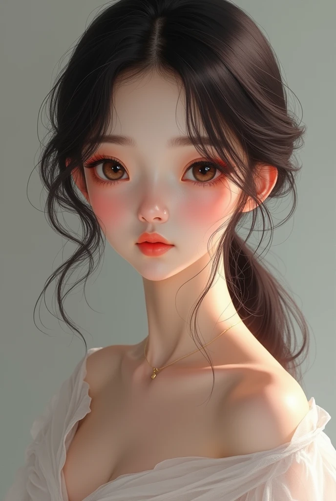 *Pysche was asian young girl. She has incredible beautiful, delicate facial features, with a small nose, high cheeks, and a slightly pouty, pink mouth. Her skin is very fair and delicate, like porcelain, and her hair is straight and silky, falling in dark, silky waves around her face. Her eyes are large and expressive, a rich, deep brown, framed by long, dark lashes. In addition to her small, slim build, her whole appearance gives her a sweet and innocent look, making her look like an absolute doll. Her hair is a glossy raven black, falling in loose waves around her face*