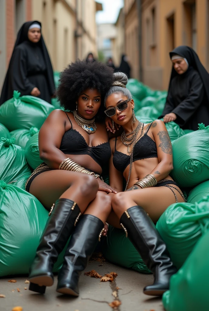 Two milf women lounging on pile of green plastic bags on a narrow street with waste on the floor, nuns in the background. The taller and dominant one: barefoot, dark skinned overweight woman with black afro hair, muscular, african traditional robes and ethnic jewelry, possessive stance (arm around her partner"s shoulders, leaning on her partner and the other hand on her partner's crotch). The russian woman, femenine, very pale skin, submissive attitude, laid back, long neck, very thin, helpless and weak, Idle hands, wide open legs,.grey hair (bouffant, pouf, top bun) and oversized square sunglasses. Big lips. Black lace push up bra, silicone breast,, low rise black lace thong. Tall pointy knee high heeled leather boots.. Lots of thick wide studded bracelets, chain necklaces and big rings, Long earrings with chains and feathers, Chains around her narrow hips. Neck, chest, stomach, feet, hands, arms and wrists heavily tattoed. Toned abdominals, thin neck, slim legs and thin arms