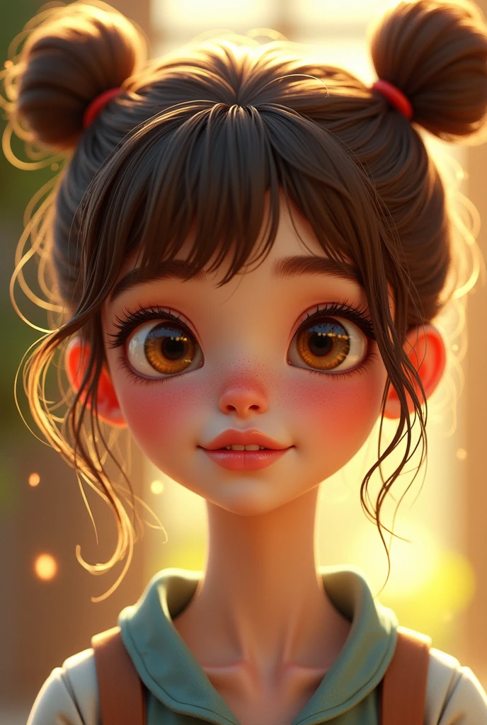 I will describe a new person, draw a girl with light brown hair, voluminous slightly wavy hair with bangs, round eyes, a large nose, a wide inkwell and upturned lips, big cheeks, light brown eyes, skin like wheat white, look more like a human