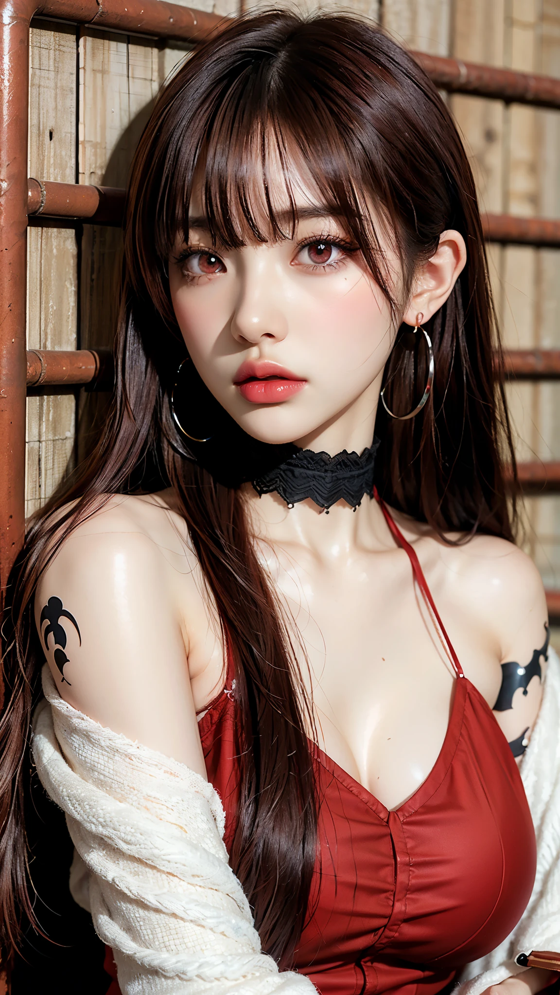 Hair above one eye, Red eyes, Clear Eyes, choker, Open jacket, Against the wall,Shineing tattoos, Shine,Anime Style, Film Portrait Photography, 1 female, 22 years ago, Whole Body Ezbian,Big and ample breasts, anger, (Scarlet Hair), Long Hair, Purple eyes, Wearing a short black dress, (Natural skin texture Sharp details, Surreal, (Realistic eyes, Natural skin texture, Realistic facial details), Soft and dramatic lighting, Written boundary depth, Bokeh, Sharp details, Surreal, 35mm movie, Blurred,eye shadow, Hoop Earrings, Red pink lips, Beautiful Eyes,Standing in front of the red gate、Bold Pose、Strike a Pose,Top ponytail,drooping bangs,sit