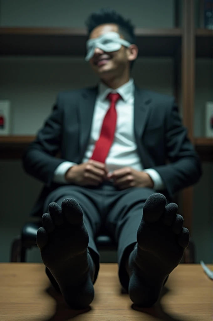 Malay  handsome  25 years university student
Get kidnapped
His hand tied up behind with rope in warehouse and blindfolded
Black Suit and  Red tie 
Bare feet
feet on desk
5 toes each feet 
He's ticklish
Focus on his black sock feet tickle by feather
He laugh uncontrollably