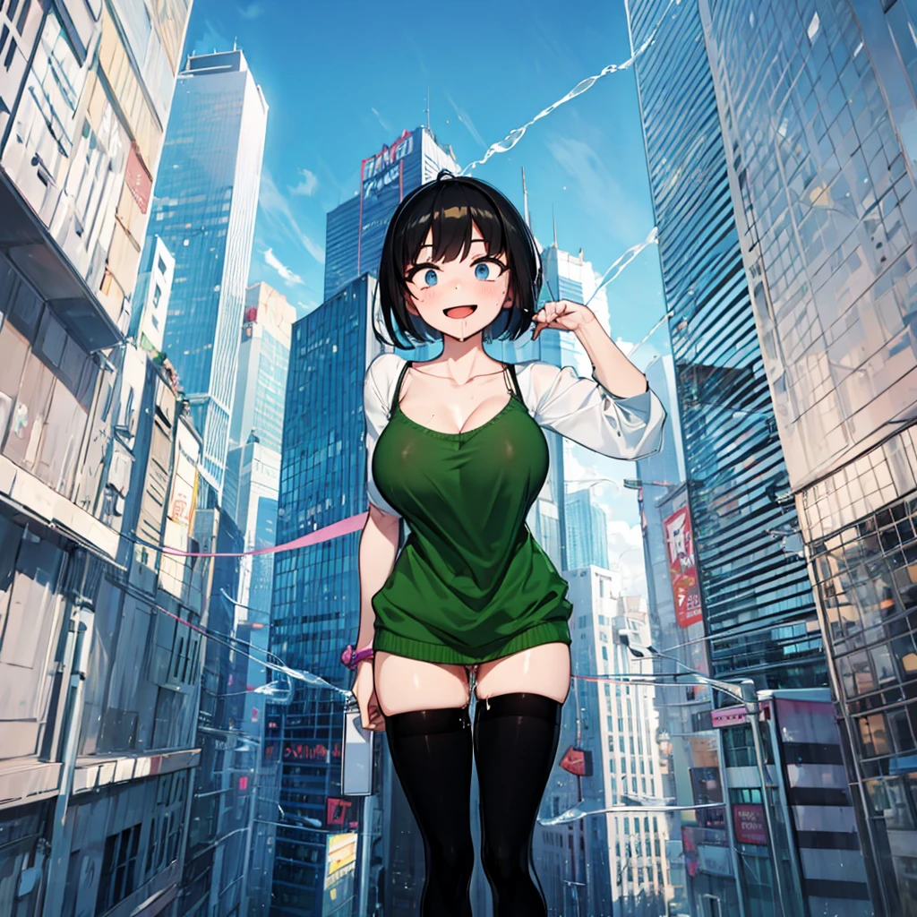 (solo), (1 skinny girl standing), arms behind back, swaying back, (tight-fit black thighhighs), collarbone, glass-walled skyscrapers in distance, BREAK, (long skinny legs), huge breasts, BREAK, (forced smile:1.3), (dripping tires:1.3), (disappeared), open mouth, orgasm, nsfw, pussy juice dripping down between thighs