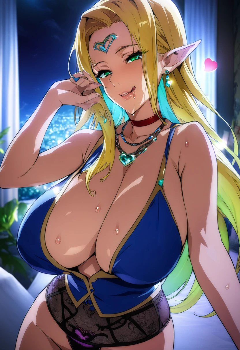 Masterpiece,4K,2D,Anime character girl,sexy body,nature face (extremely detailed CG unity 8k wallpaper), the most beautiful artwork in the world,(Night:1.7), close-up,upper_body, Blue dress, choker, cleavage, collarbone, red choker,elf,earrings,jewelry, long pointy ears,necklace, blonde hair, Green eyes,long hair,forehead, 1 girl,anime woman,milf , 2,mature female,Beautiful Finger,detailed finger,detailed hand,Beautiful body,Beautiful Nose,Beautiful character design, perfect eyes, detailed eye,eyelashes, perfect face,looking at viewer,smile,seductive smile, seductive_eyes, seductive body, center of image,NSFW,extremely detailed CG unity 8k wallpaper, perfect lighting,Colorful, bright_front_face_lighting, (masterpiece),(best_quality), ultra high res,4K,ultra-detailed, photography, 8K, HDR, highres, absurdres:1.2, lens flare, (vibrant_color:1.2) , (Beautiful,large_Breasts:1.5), (beautiful_face:1.5),narrow_waist,black underwear, black lace underwear, detailed underwear,semi realistic,beautiful anime style,brush long blond hair with hand, focus face,focus body shape,sexy body, body curve, slender body,distinct_image,close mouth,licking lips,panting, white steam from mouth, heart shape eye, standing, in bedroom, erotic atmosphere, romantic atmosphere, sweating, oily skin, bright oily skin