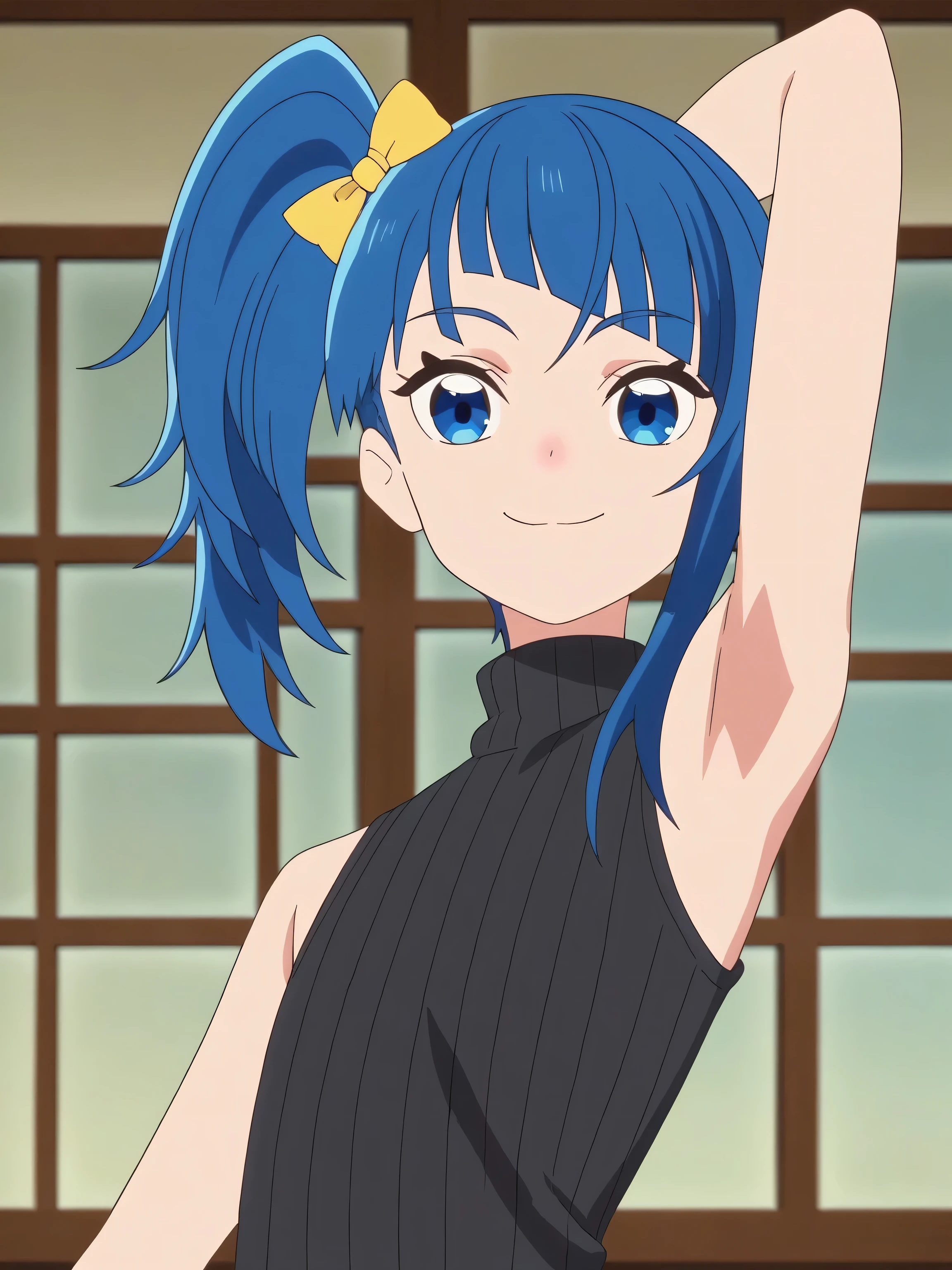 score_9, score_8_up, score_7_up, source_anime, anime screencap, 1girl, solo, indoors, Sora Harewataru, blue eyes, blue hair, side ponytail, yellow bow, flat chest, sweater, ribbed sweater, ribbed, turtleneck, turtleneck sweater, black sweater, sleeveless sweater, bare shoulders, bare arms, (looking at viewer, eye contact with viewer, head towards viewer:1.1), smile, closed mouth, arm behind head, armpit, (from side, from below:1.1)