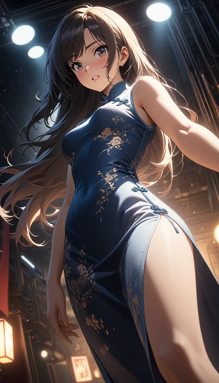 Cheongsam Girl,Long Hair,Pure white background,Depth of written boundary,Low angle view,Calf Level View,Overclocked Renderer,Cinema Lighting,Ultra-fine,Very detailed,complicated,Cinematic Perspective,CG Art,Side zipper