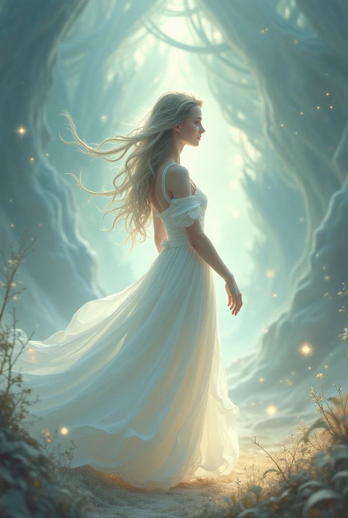 Create me a book cover with a mystical background with a girl in a white dress