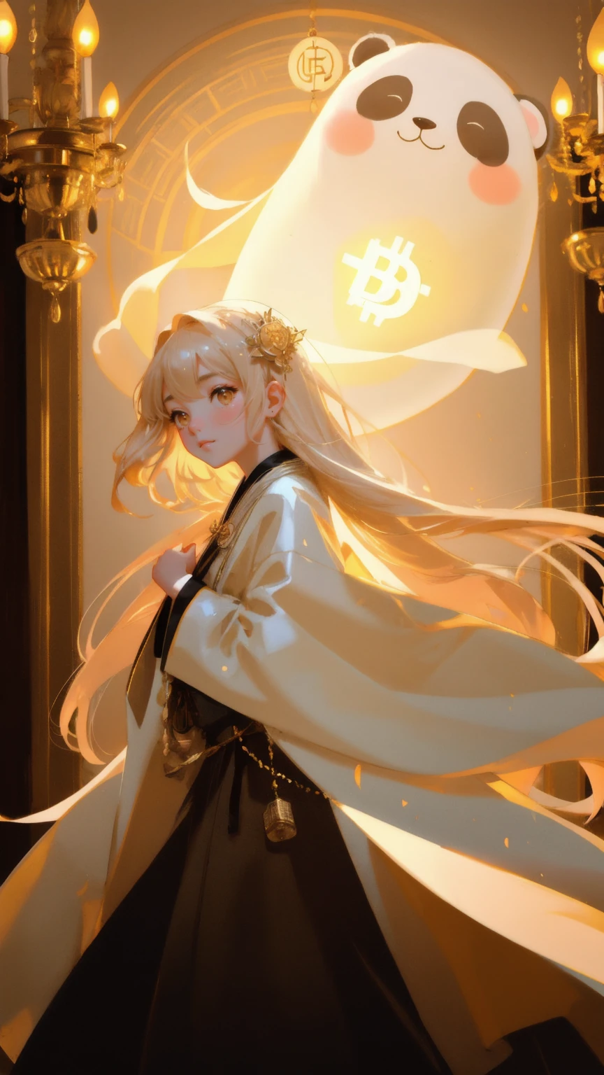 A beautiful, ethereal girl with long, flowing hair, dressed in a glowing robe, holding a golden Bitcoin tablet labeled 'Satoshi's Lost Wallet.' She floats ghost-like in a classic, vintage room with portraits and chandeliers, surrounded by floating Bitcoin coins. A cute ghostly panda looks up at her in surprise, adding a whimsical touch to the scene. The background is bathed in a warm yellow glow, giving the scene a mystical and enchanting atmosphere.