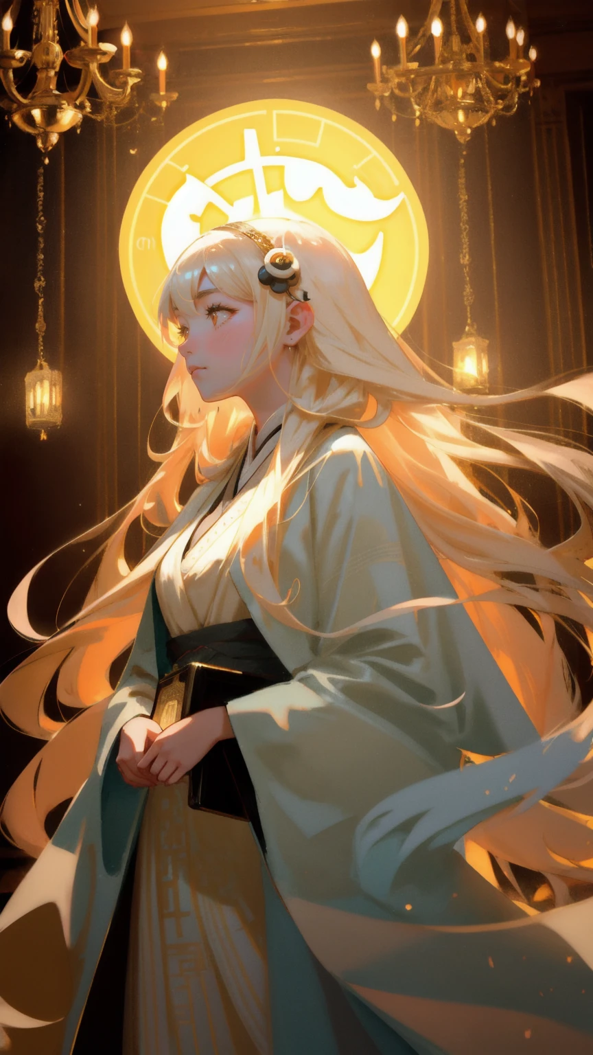 A beautiful, ethereal girl with long, flowing hair, dressed in a glowing robe, holding a golden Bitcoin tablet labeled 'Satoshi's Lost Wallet.' She floats ghost-like in a classic, vintage room with portraits and chandeliers, surrounded by floating Bitcoin coins. A cute ghostly panda looks up at her in surprise, adding a whimsical touch to the scene. The background is bathed in a warm yellow glow, giving the scene a mystical and enchanting atmosphere.