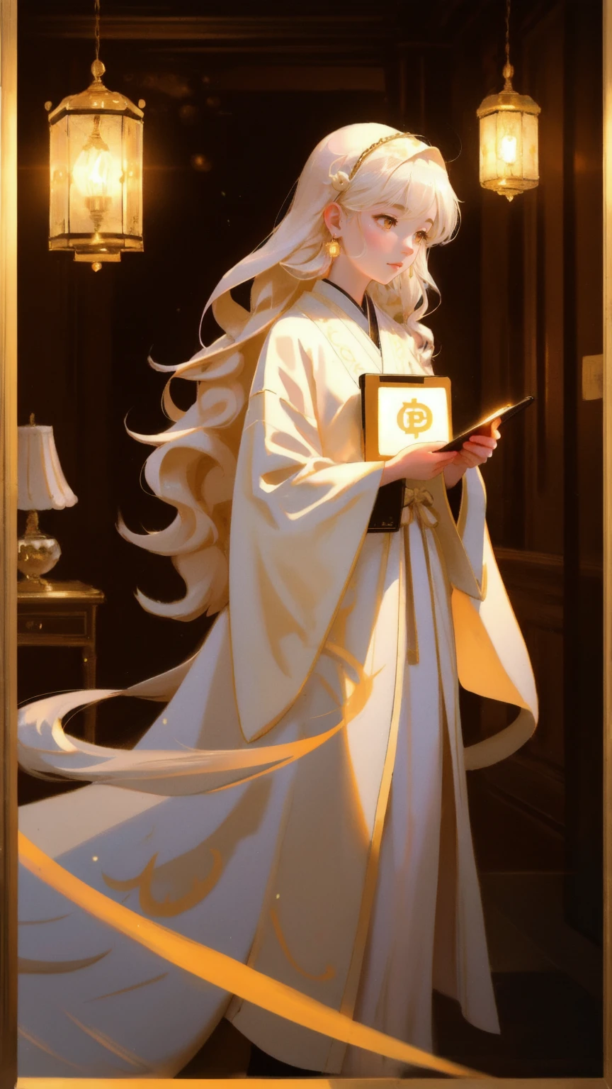 A beautiful, ethereal girl with long, flowing hair, dressed in a glowing robe, holding a golden Bitcoin tablet labeled 'Satoshi's Lost Wallet.' She floats ghost-like in a classic, vintage room with portraits and chandeliers, surrounded by floating Bitcoin coins. A cute ghostly panda looks up at her in surprise, adding a whimsical touch to the scene. The background is bathed in a warm yellow glow, giving the scene a mystical and enchanting atmosphere.