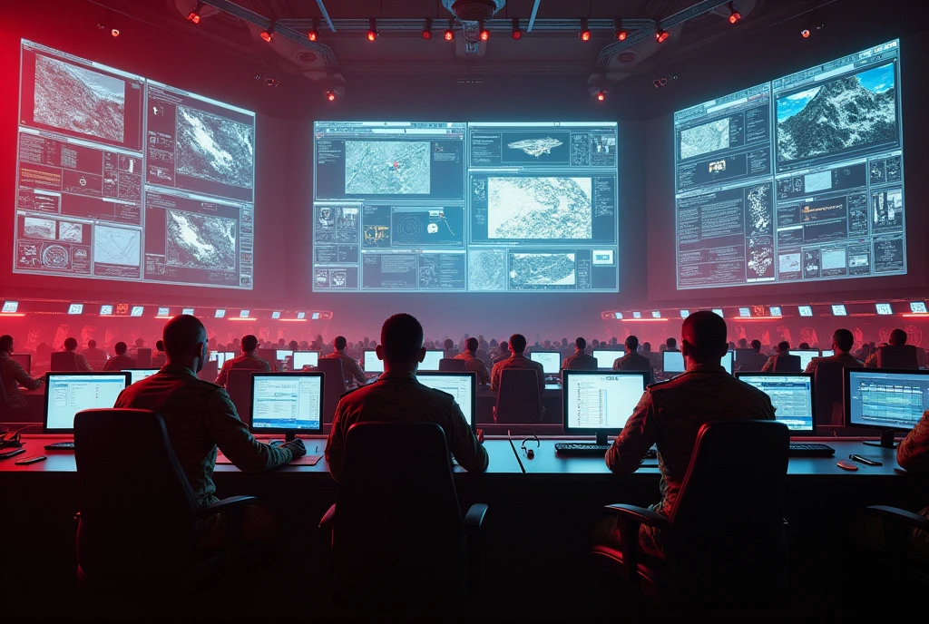 War room, commands and controls room, military, soldier's, big screens, red theme , lights in room,
