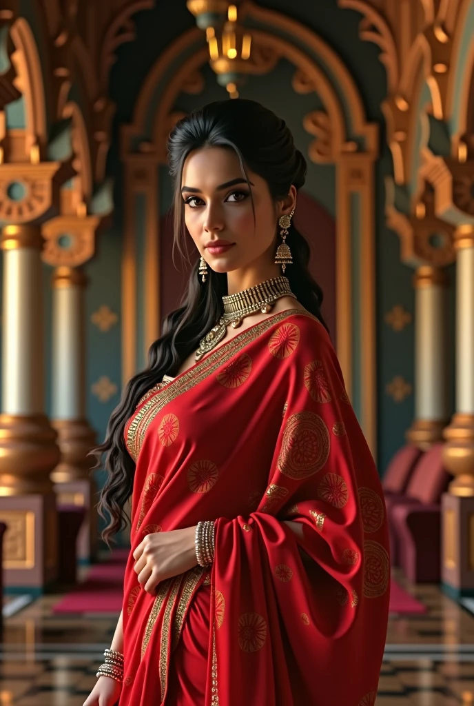 Day scene, close up photo of a sexy Indian queen, posing in a palace, big cheeks, super stylish red saree with wide open breasts, accessories, earrings, necklace, erotic face, 36 yo, ponytail, look at viewer and smile, (cinematic:1.3), intricate details, (ArtStation:1.2)