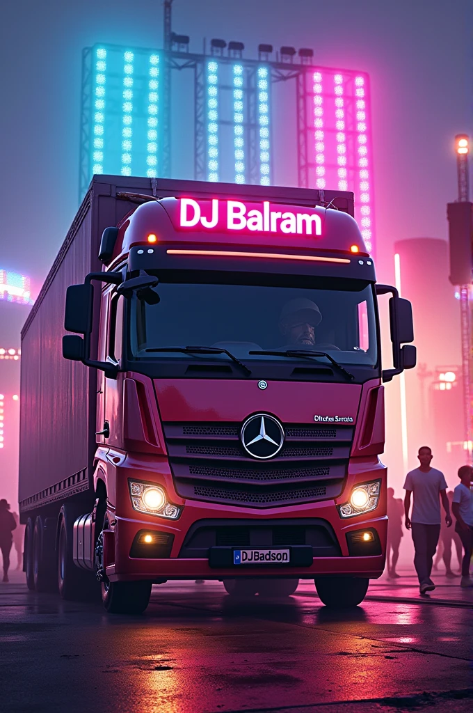A truck is loaded with DJ box and DJ lights. DJ Balram is written on the front of the DJ box.