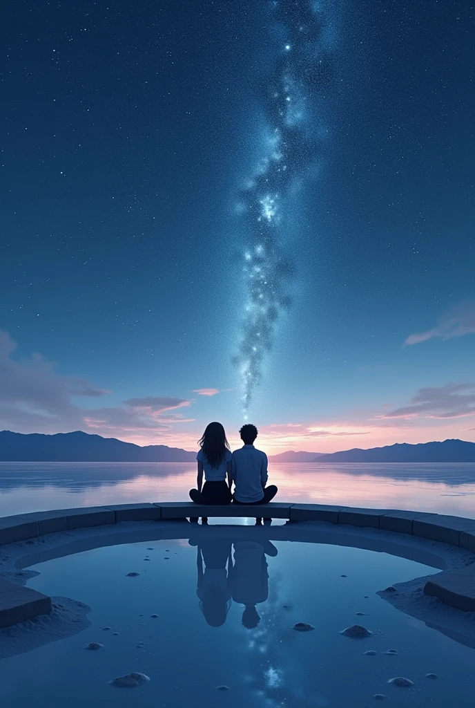 At a salt flat, a couple sitting down on a bridge while looking at the night sky full of stars