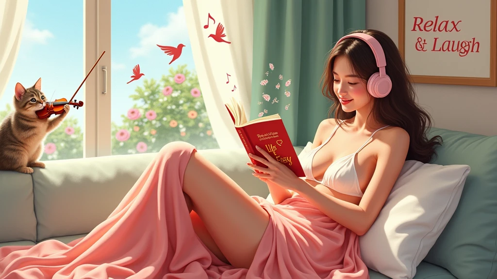A cute , , big chest smile ,wearing white bikini, wearing a thin pink silk cloth over her body while relaxing on the sofa, music headphones, and read a book titled “Life is easy”. There are three little birds singing musical notes by the window.. From the window looking out is a flower garden.. A cute cat playing the violin flies out notes.There is a line on the wall "Relax & Laugh” to,written in bold black. The painting gives a feeling of peace and relaxation..