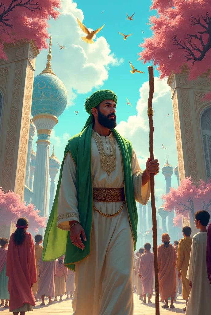 A Muslim man is in Paradise, that man is wearing a green turban, a staff in his hand, there are palaces, beautiful birds, pink trees and blue trees, and there are thousands of little children, young men, young women around him, that man is very happy, the scene is very incomparable.  .