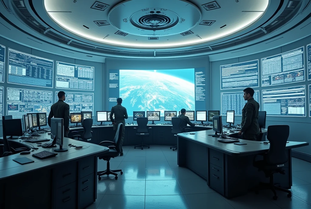 War room, commands and controls room, military, soldier's, big screens, white theem, lights in room,