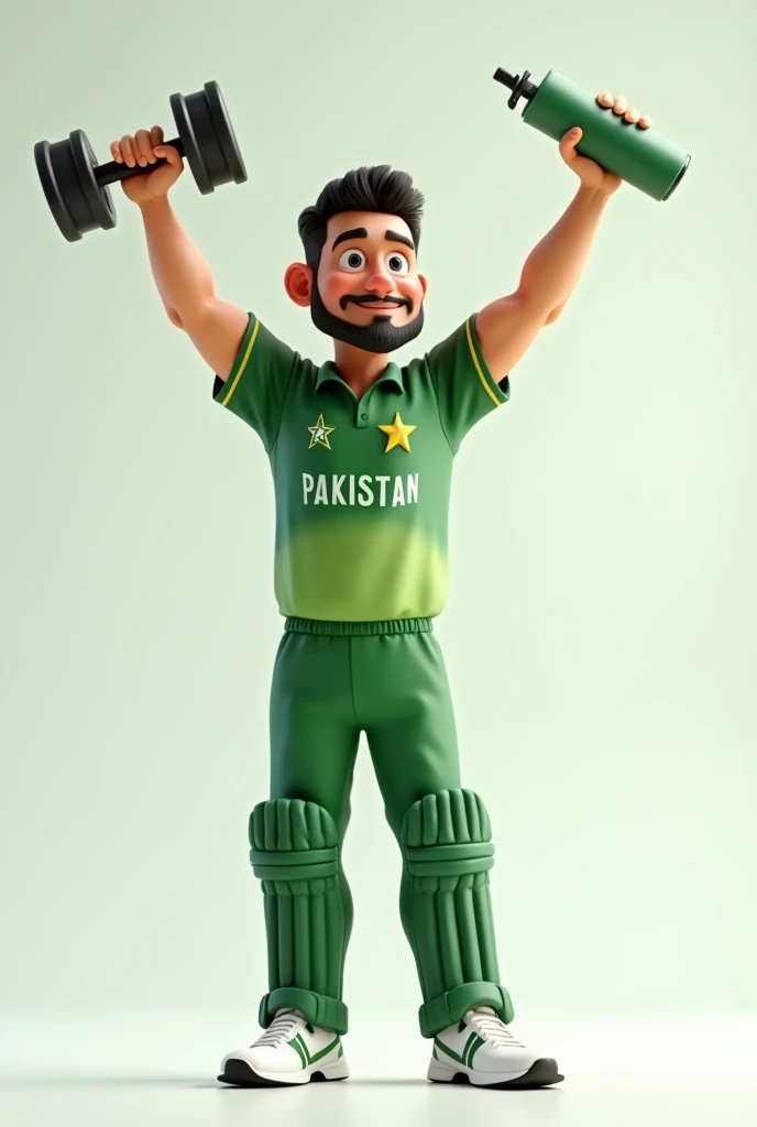 A animated character wearing Pakistan cricket jersey holding dumbdell on his left hand and on right hand holding water bottle his both hand should be facing upward