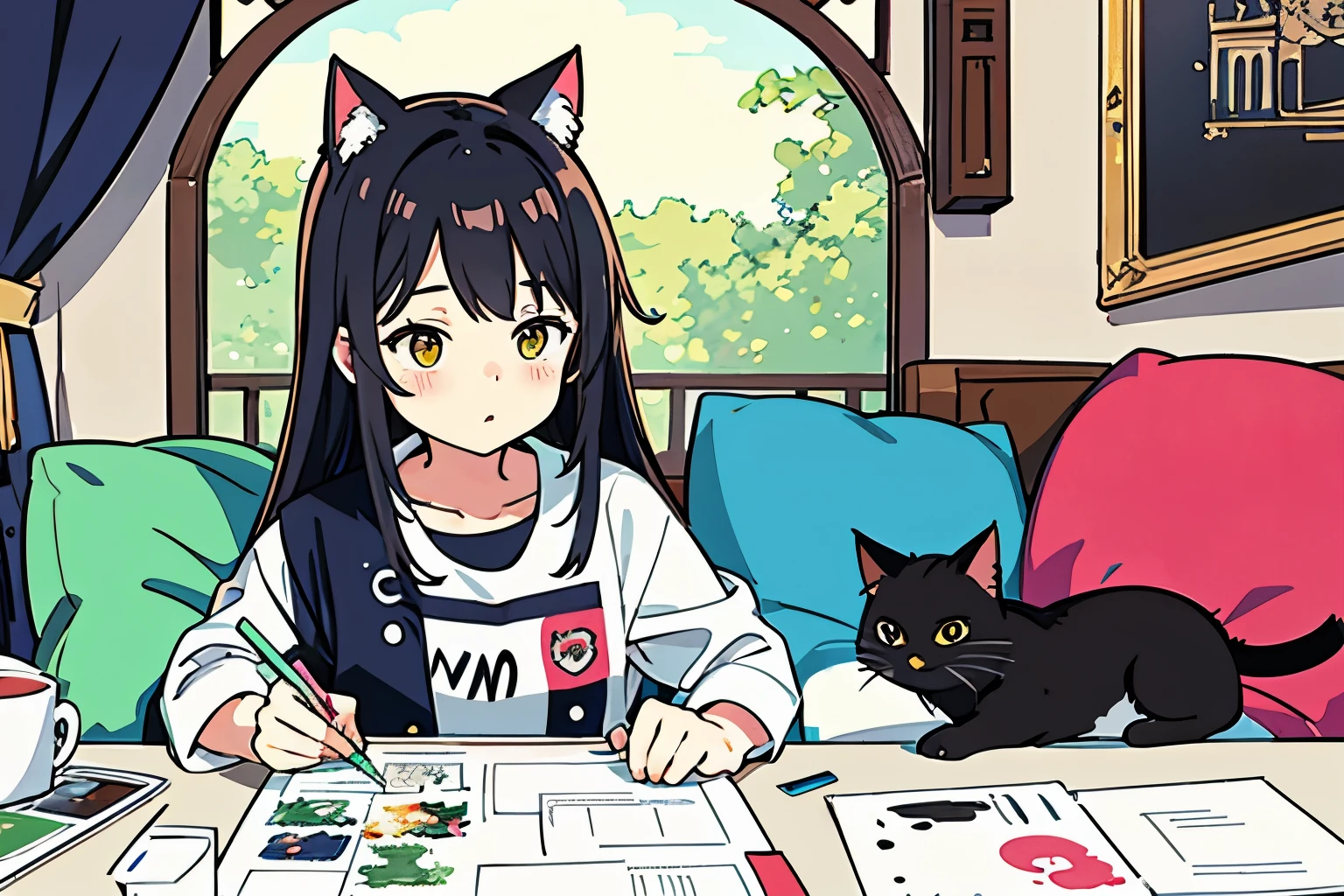 Catと女の子、Cat、A girl is drawing a picture、Lots of paint