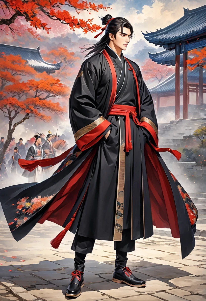 Romance of the Three Kingdoms Zhou Yu, handsome, Full body exposed, Clothes made of a coat, clothes made only of cloth, youth, Black clothes