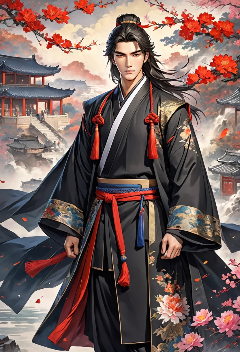 Romance of the Three Kingdoms Zhou Yu, handsome, Full body exposed, Clothes made of a coat, clothes made only of cloth, youth, Black clothes