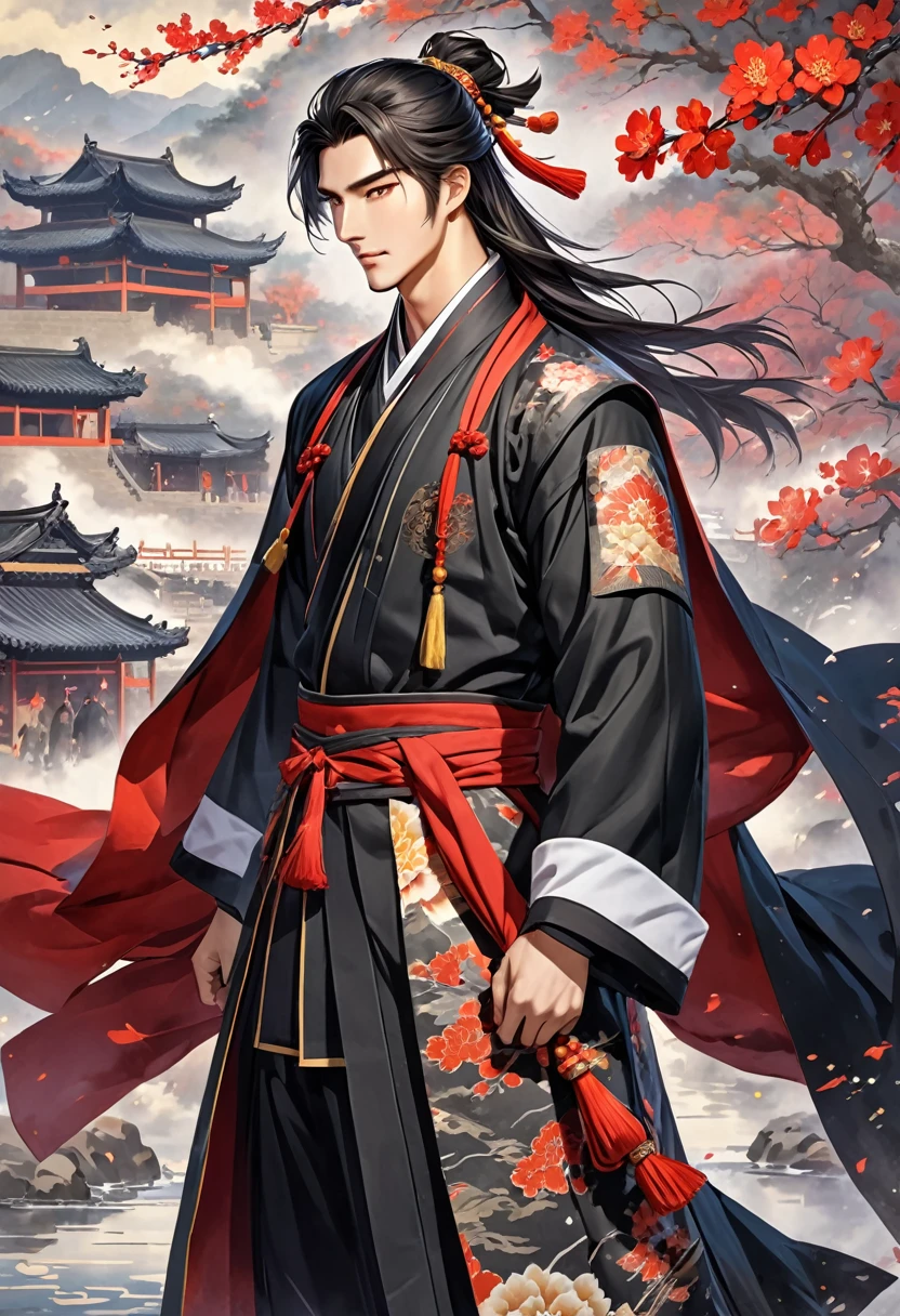 Romance of the Three Kingdoms Zhou Yu, handsome, Full body exposed, Clothes made of a coat, clothes made only of cloth, youth, Black clothes