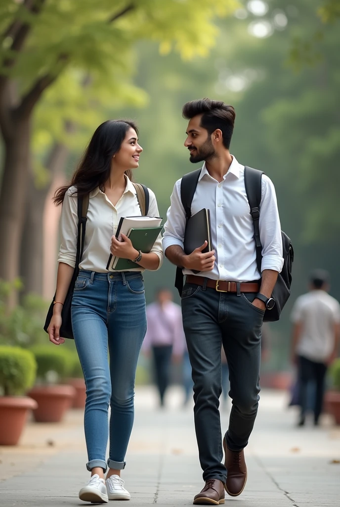 A indian college girl looking at indian college boy both 2, in college looking at each other while walking in campus. They are wearing formal shirt and jeans, holding books and laptop.The 2 boy should be handsome.