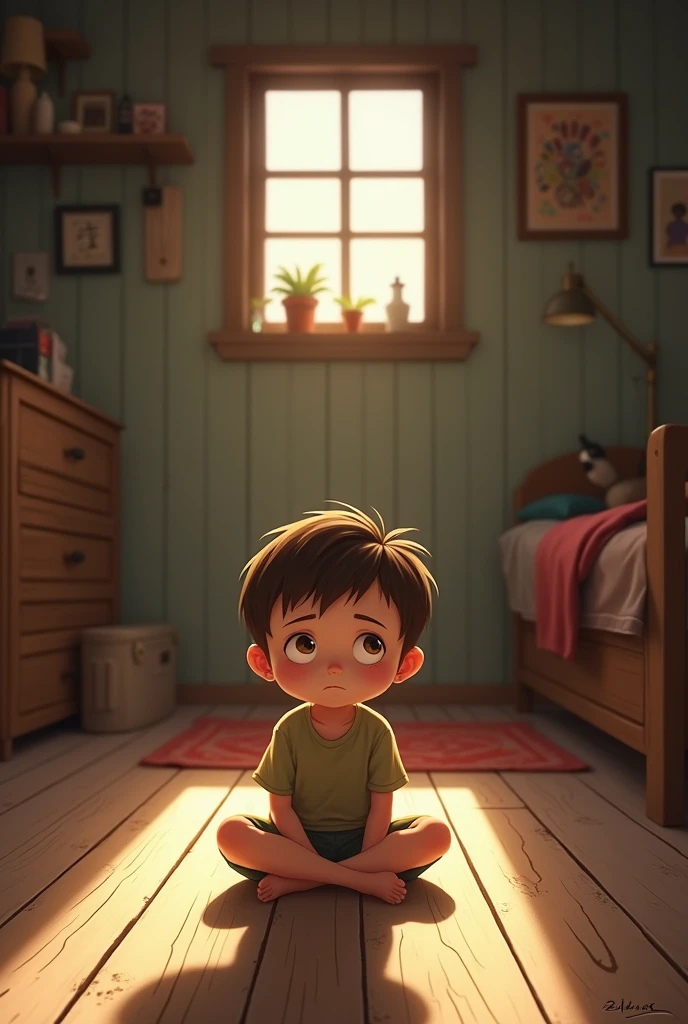 A   boy sitting in his small home