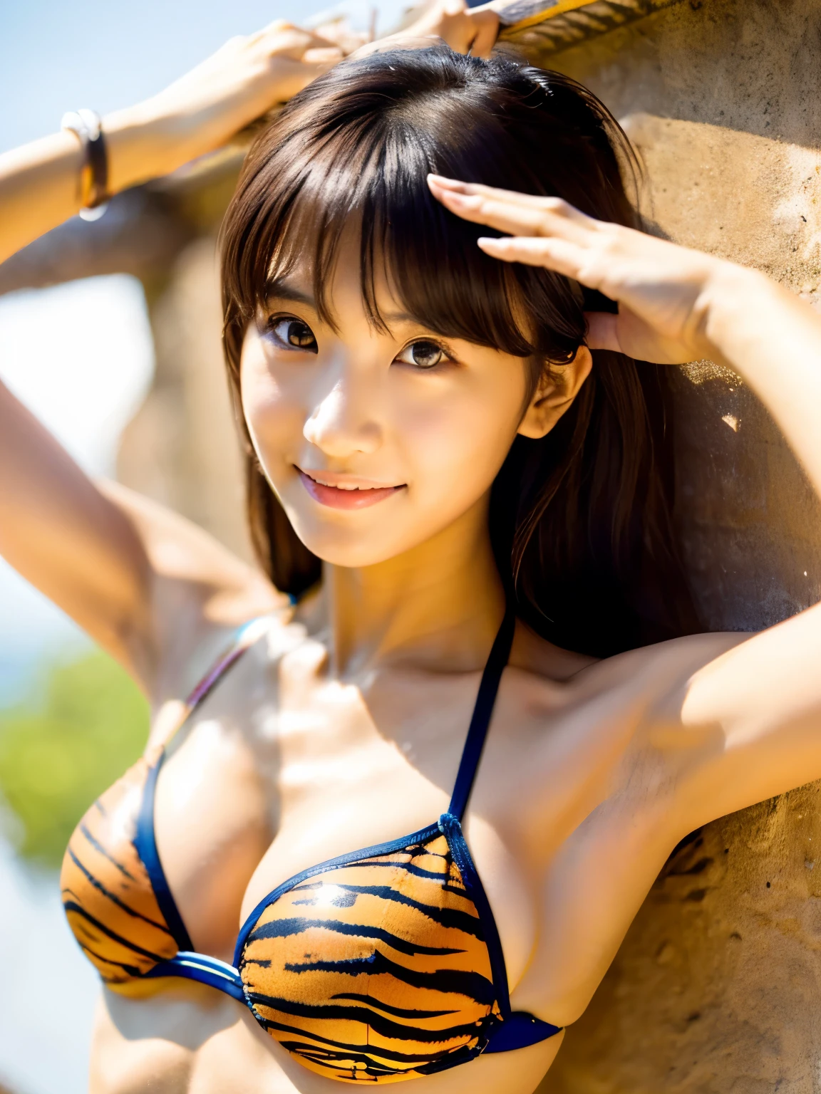 Tiger print bikini、A very cute woman with a small face like an idol、Natural light、(((whole body)))、Highest quality