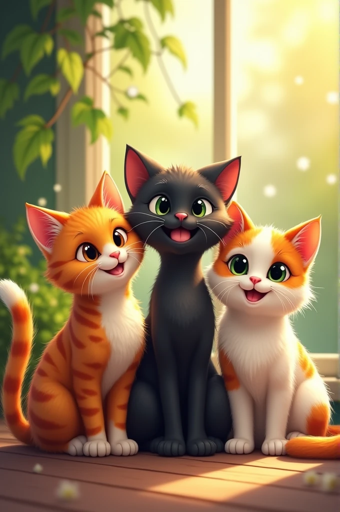 Three happy cats, morning time
