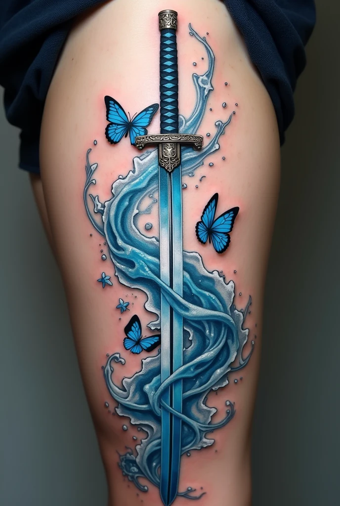 make me a tattoo of a anime demon Slayer katana with some water revolving around it and blue butterflies flying from the katana , for a girl's inner thigh 