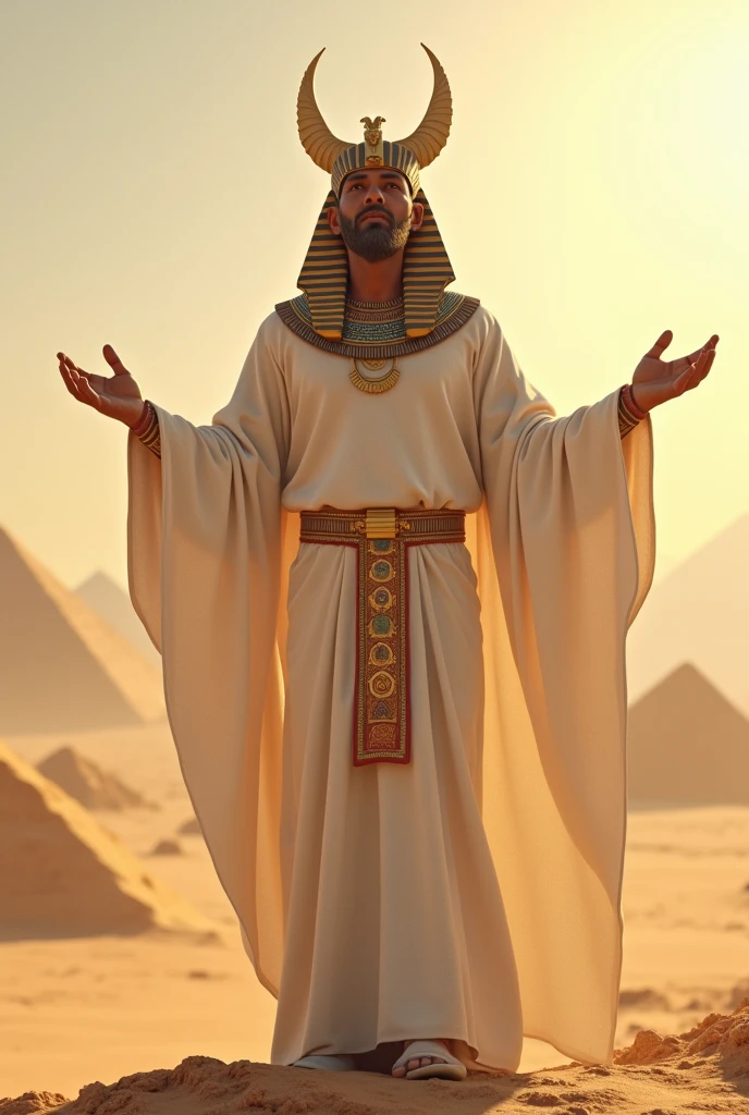 (((Ptah god pharaoh))) best quality, very high resolution, 4K detailed CG, masterpiece, Egyptian mythology,Ptah,sunlight,craftsman god, Ancient Egypt, standing pose, white robe, Egyptian clothes, desert ,pyramidAncient Egypt, ((architect god)), aesthetic, beautiful image, centered on screen, standing pose