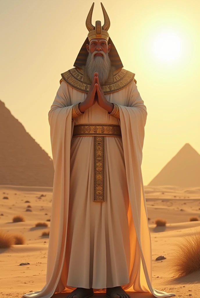 (((Ptah god pharaoh))) best quality, very high resolution, 4K detailed CG, masterpiece, Egyptian mythology,Ptah,sunlight,craftsman god, Ancient Egypt, standing pose, white robe, Egyptian clothes, desert ,pyramidAncient Egypt, ((architect god)), aesthetic, beautiful image, centered on screen, standing pose