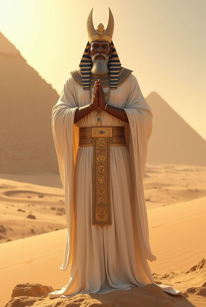 (((Ptah god pharaoh))) best quality, very high resolution, 4K detailed CG, masterpiece, Egyptian mythology,Ptah,sunlight,craftsman god, Ancient Egypt, standing pose, white robe, Egyptian clothes, desert ,pyramidAncient Egypt, ((architect god)), aesthetic, beautiful image, centered on screen, standing pose
