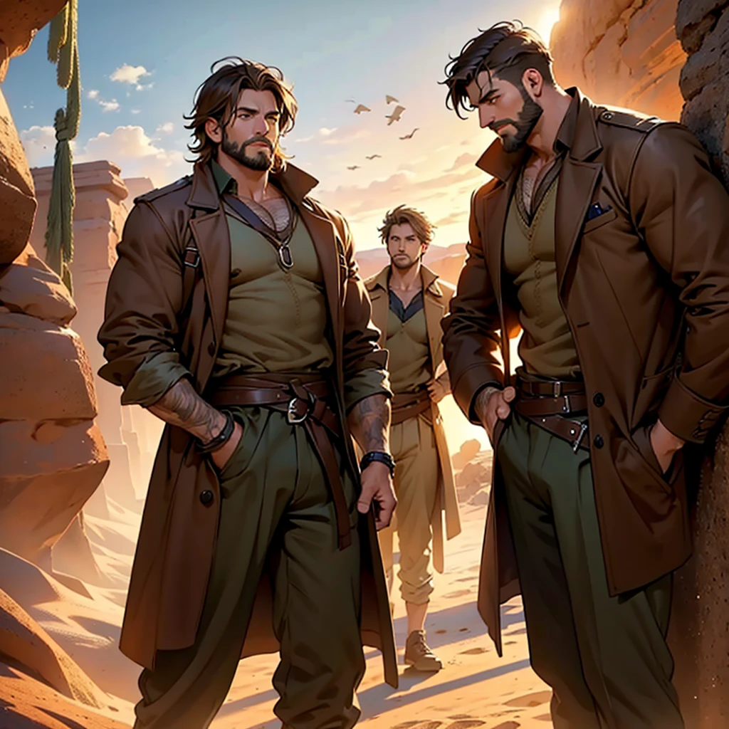 Many men standing together，Looking at the camera，indiana jones, desert, Wide open space, Sunset, Three Men，brown long coat, Brown hair, short hair, Brown eyes, Holding a whip, Abdominal muscles, beard, Confident posture, Beautifully detailed eyes, Fascinating eyes, Bright colors, Carefully crafted lighting, Studio lighting techniques highlight the characters and the overall atmosphere of the scene., masterpiece, Anatomically correct, high quality, best quality, High Detail